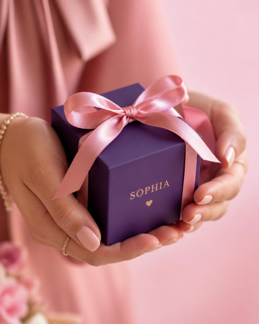 Mãos segurando caixa de presente personalizada com laço rosa