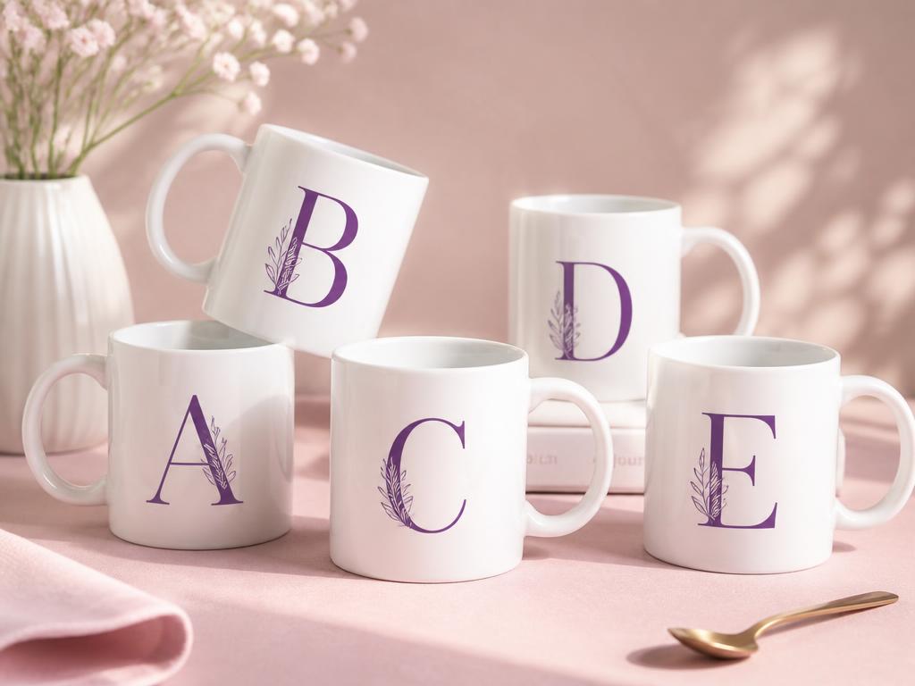 Canecas brancas personalizadas com monogramas em roxo