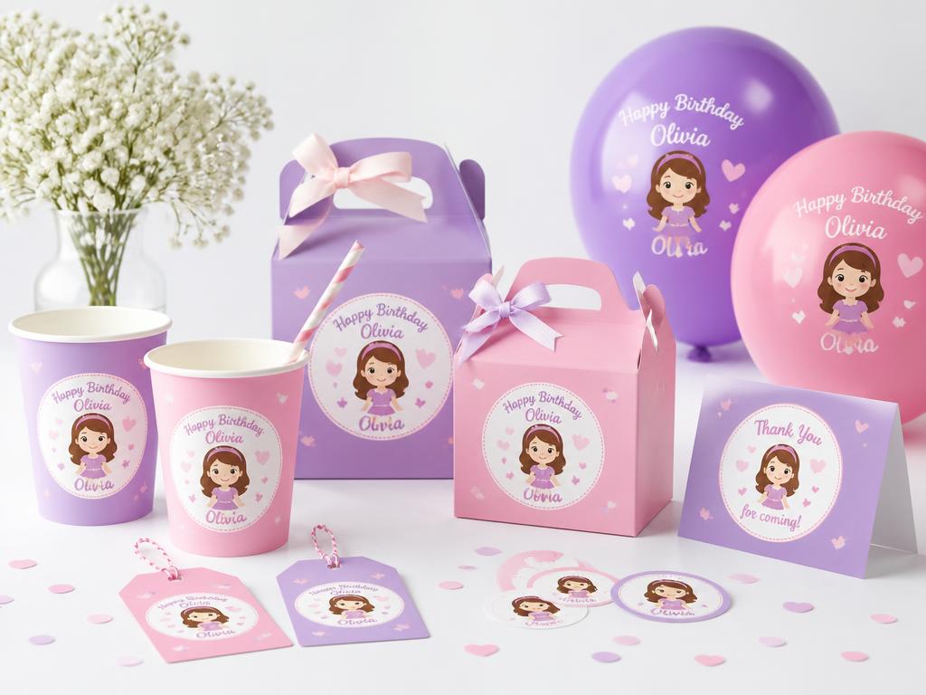 Kit de festa infantil personalizado com copos, caixas e tags